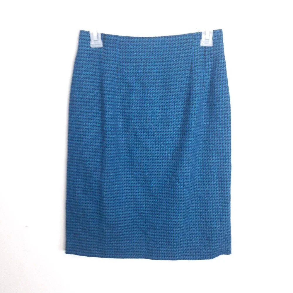 Vintage Norton McNaughton Pencil Skirt 6P Wool Blend Houndstooth Blue Black